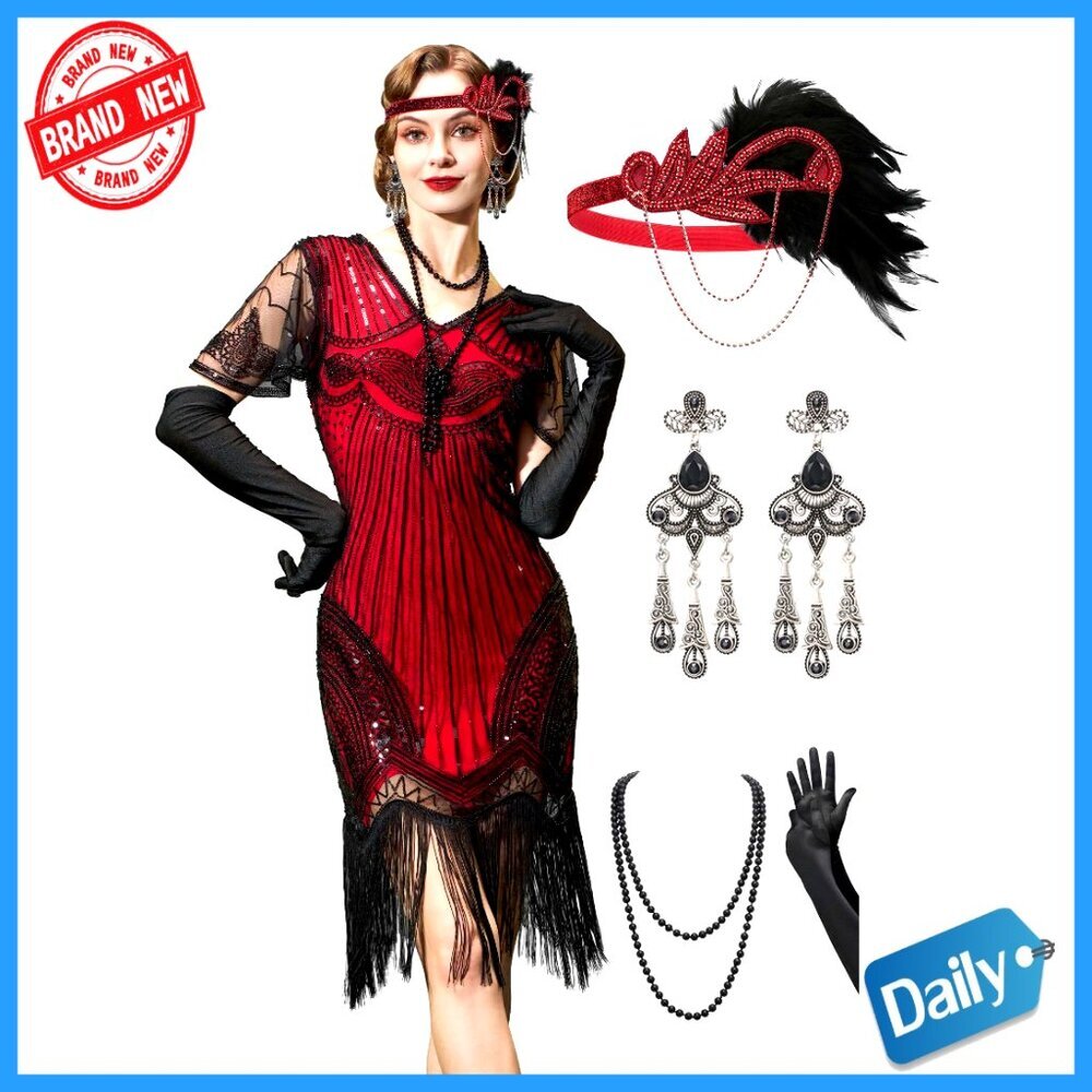 1920s Flapper Dress with Sheer Beaded Sleeves and Fringe Hem